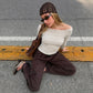 Striped Knit Off The Shoulder 3/4 Sleeve Crop Tops 2026 Fall T Shirts Woman Trendy Clothes