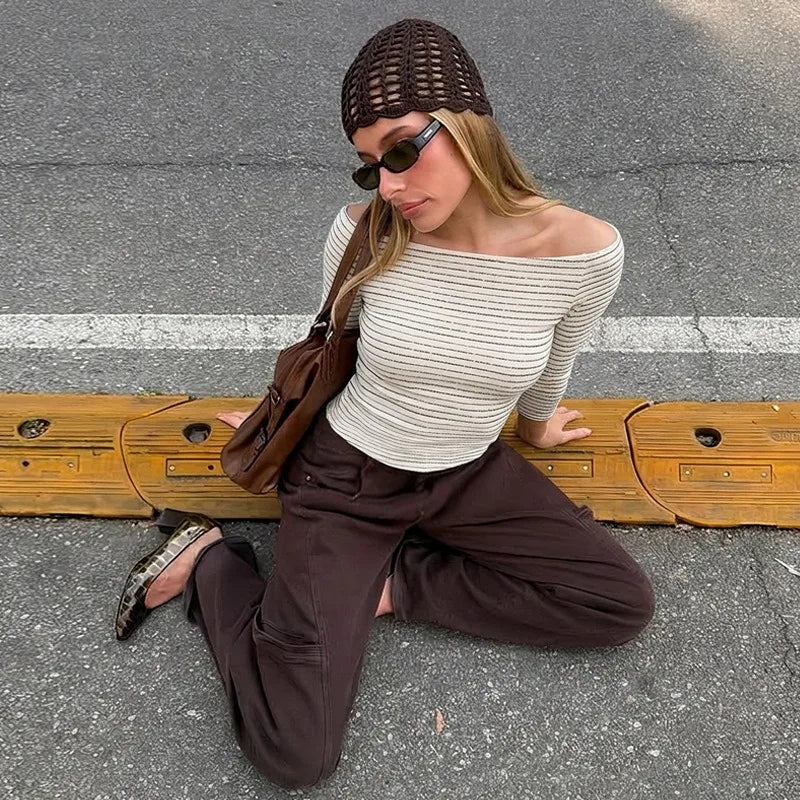 Striped Knit Off The Shoulder 3/4 Sleeve Crop Tops 2026 Fall T Shirts Woman Trendy Clothes