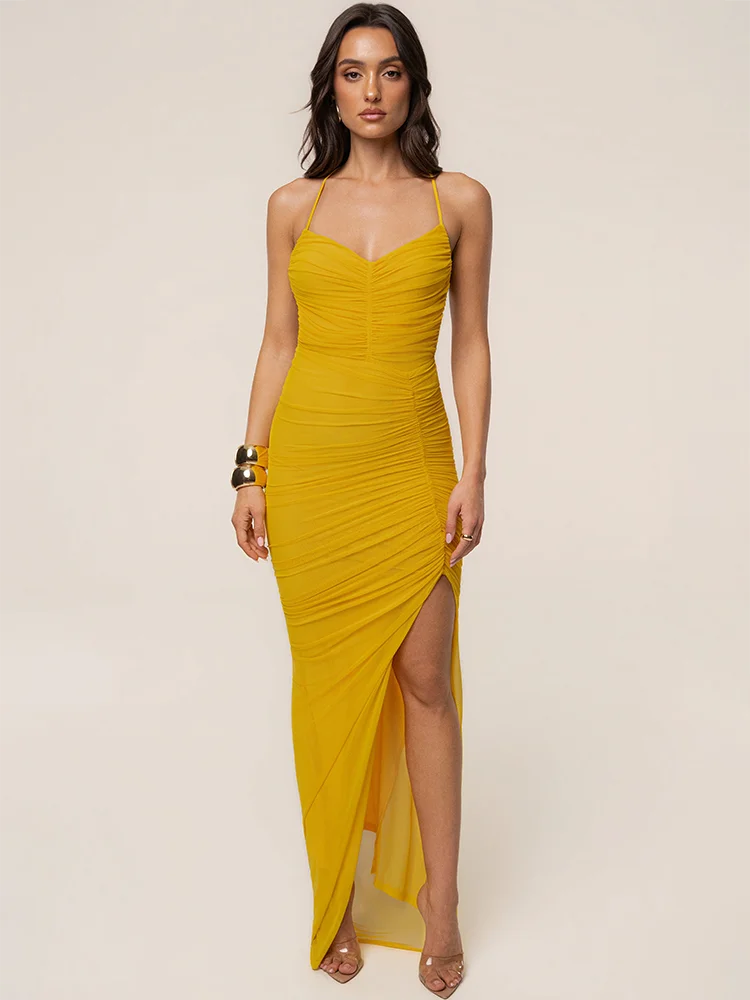 Women Mesh Sexy Maxi Dress Spaghetti Strap V Neck Ruched Bodycon Dress High Slit Elegant Evening Party Club Long Dress