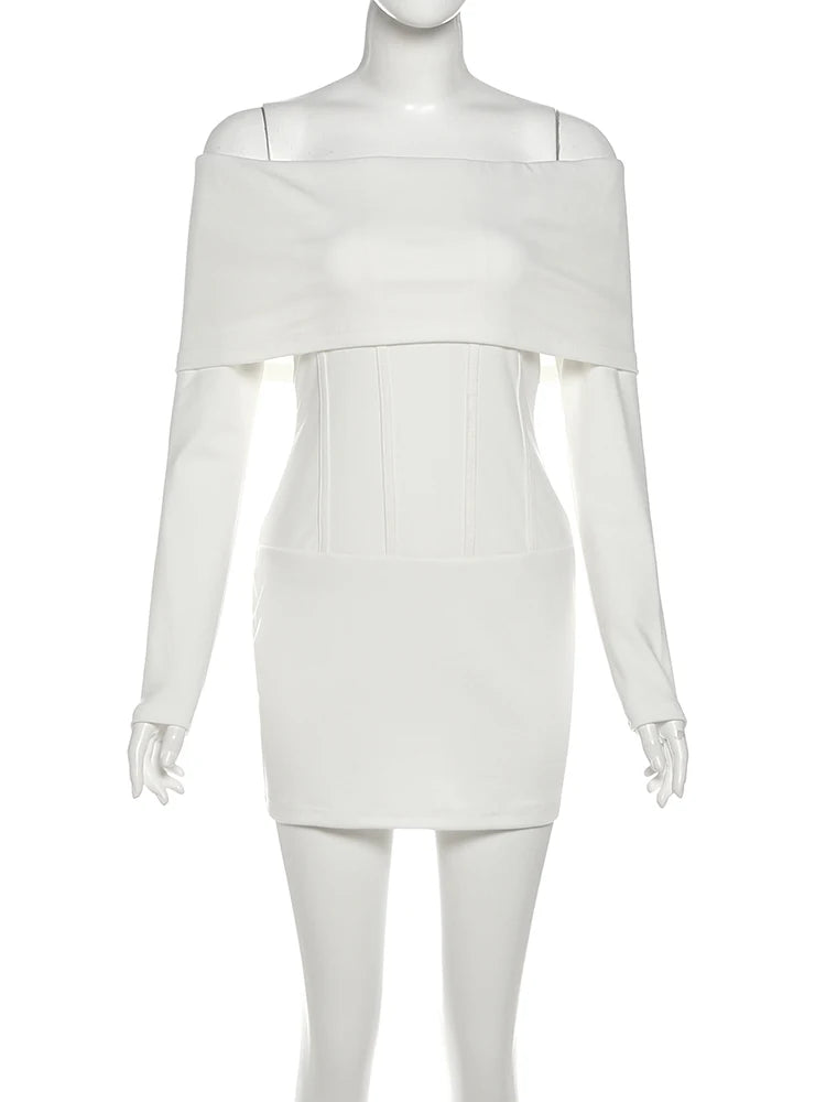 Sexy Slash Neck Dress Women Patchwork Off Shoulder Full Sleeve Elegant Simple Stretch Skinny Peach Hip Mini Bodycon