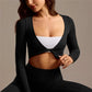 Womens Workout Tops Long Sleeve Deep V Neck Solid Color Twist Front Slim Fit Cropped Shirts for Gym Yoga Ballet Pilates