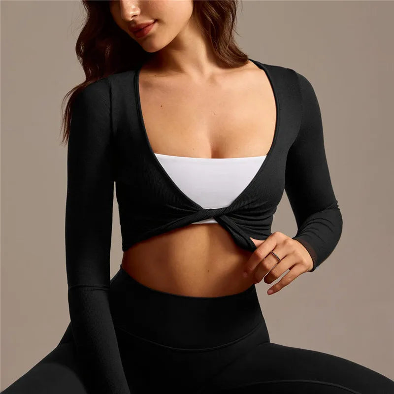 Womens Workout Tops Long Sleeve Deep V Neck Solid Color Twist Front Slim Fit Cropped Shirts for Gym Yoga Ballet Pilates