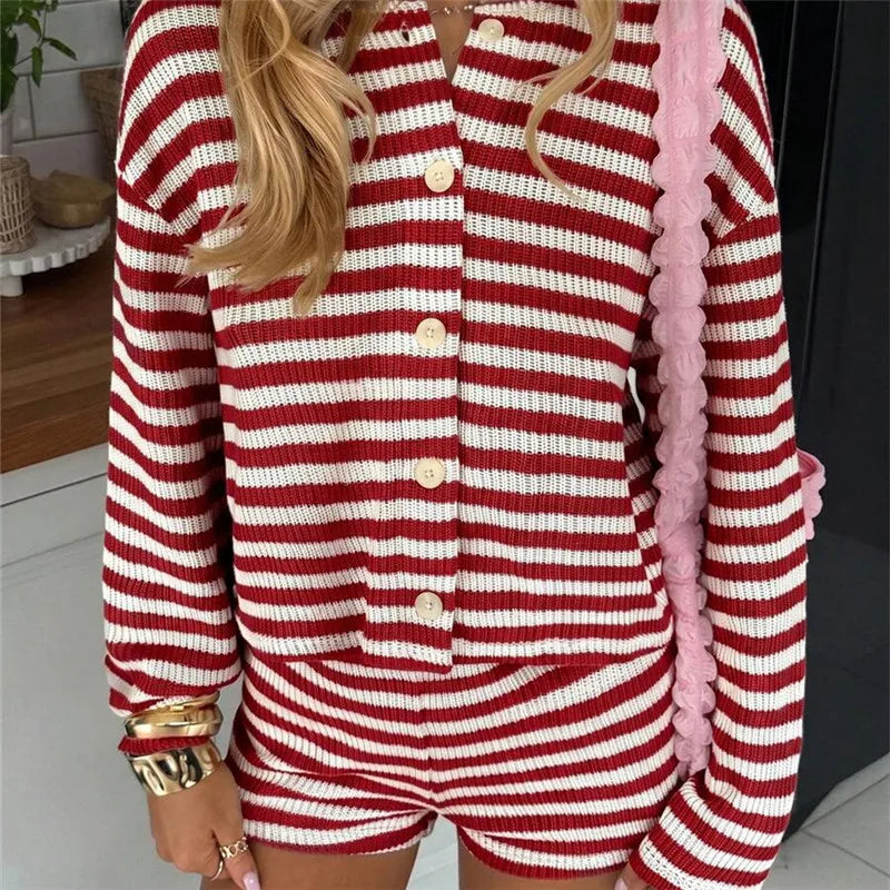 Womens Waffle Knit Striped 2 Piece Set Button Front Long Sleeve Cardigan And Shorts Casual Fall Spring Loungewear Outfit