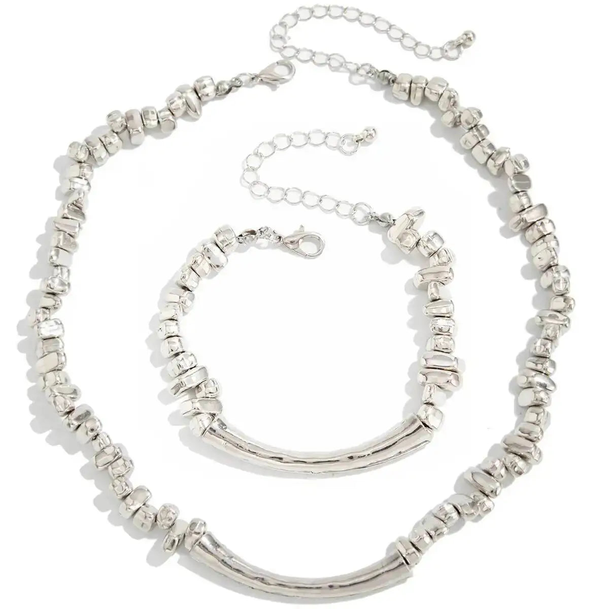 Women's Trendy Minimalist CCB Bead Irregular Choker Necklace And Bracelet Set with Metal Line Clavicle Chain Fashion Jewelry