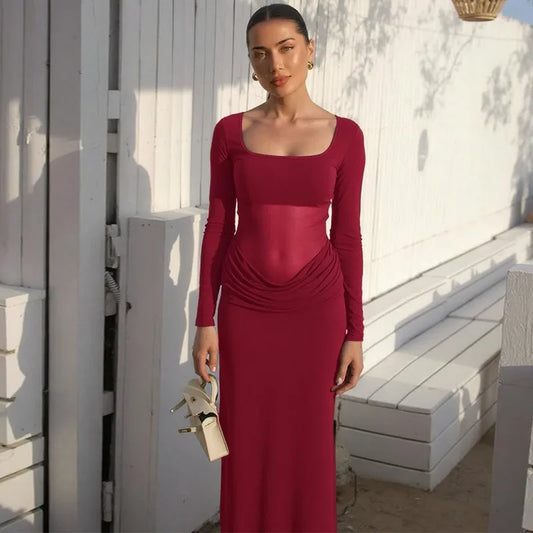 Mesh Splicing Long Sleeve Dresses for Woman Clothing Fall Sexy Party Maxi Dress Wedding Guest