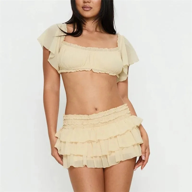 Women's Y2K 2 Piece Set Ruffled Off the Shoulder Crop Top and Tiered Mini Skirt Casual Summer Outfit for Beach Vacation