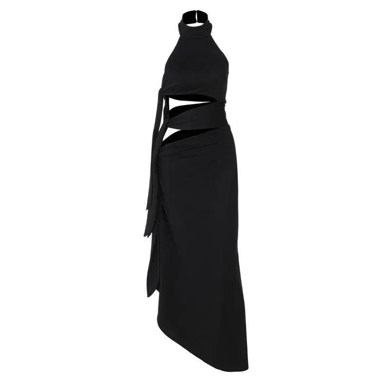Sexy Asymmetrical Black Dress Party Tie Up Hollow Out Halter Backless Split Long Dresses for Woman