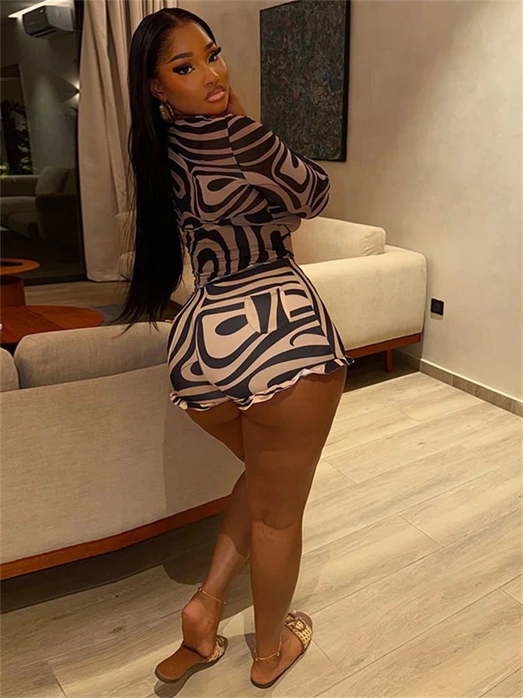 2 Piece Set Striped Print Mesh Women Full Sleeve O-neck T-shirts+Ruffle Trim Shorts Female New Fashion Chic Clubwear