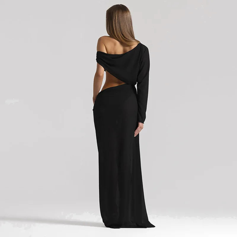 Transparent Chiffon One Shoulder Cut Out Long Sleeve Maxi Dress Woman Elegant Yellow Black Evening Dresses
