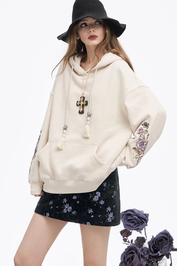 Y2K High Waist Gothic Floral A-Line Skirt Women, Black Skirt with Purple Print, Romantic Shoujo Cute Short Skirt
