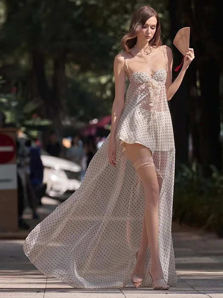 Polka Dot Print Dress Women Sexy See Through Ruffled Edge Patchwork Irregular Hem Fashion Elegant Party Club Bodycon