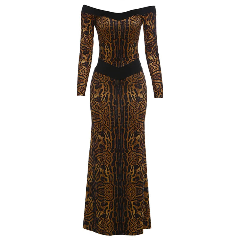 Leopard Print Long Sleeve Gown Off Shoulder Backless Maxi Dresses for Woman Elegant Sexy Party Dress Fall 2026