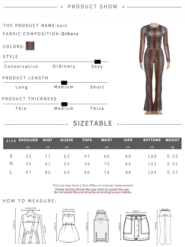 Hot Girls Serpentine Print 2Piece Set Woman o-Neck Full Sleeve Tops+Skinny Peach Hip Long Pants Street Sexy Fashion Suits