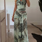 Summer Tiger Print 2-Piece Set Women Halter Bandage Swing Collar Backless Vest+Folds Tassel Long Skirt Fashion Party Suit