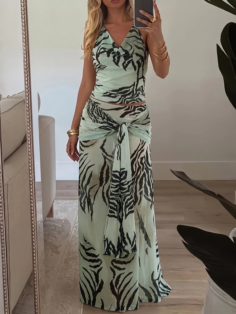 Summer Tiger Print 2-Piece Set Women Halter Bandage Swing Collar Backless Vest+Folds Tassel Long Skirt Fashion Party Suit