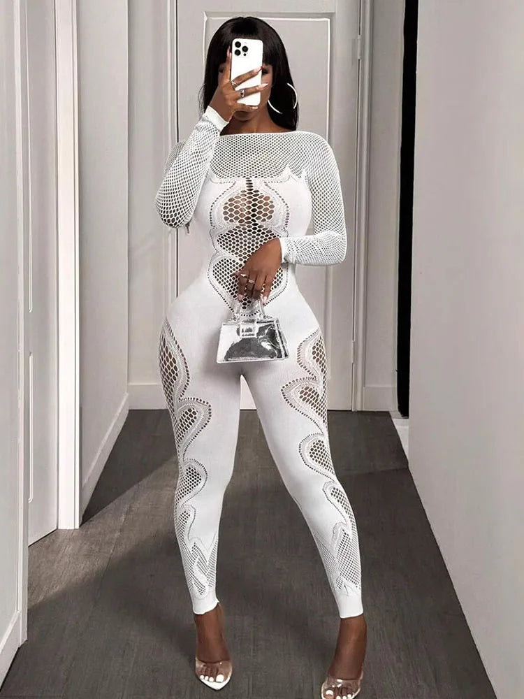 Hollow jumpsuit women stretch skinny full sleeve solid fall hipster sexy midnight coquette activity workout overalls