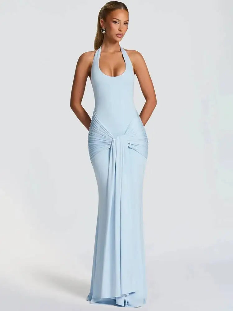 Halter Backless Sexy Maxi Dress Women Elegant V Neck Sleeveless Draped Ruched Bodycon Club Party Long Dress Female