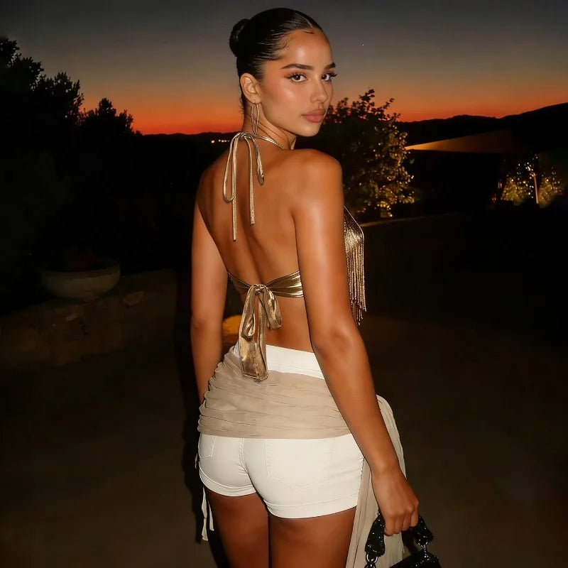Lace Up Backless Fringe Halter Top Club Wear Women Sexy Tops Rave Festival Clothing