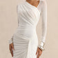 One Shoulder Mesh Long Sleeve Maxi Dress Women Ruched Thigh High Slit Bodycon Evening Party Wedding Guest Long Dress