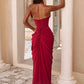 Wine Red Halter Deep V Maxi Dress Women Elegant Draped Ruched High Split Bodycon Cocktail Wedding Club Party Dresses