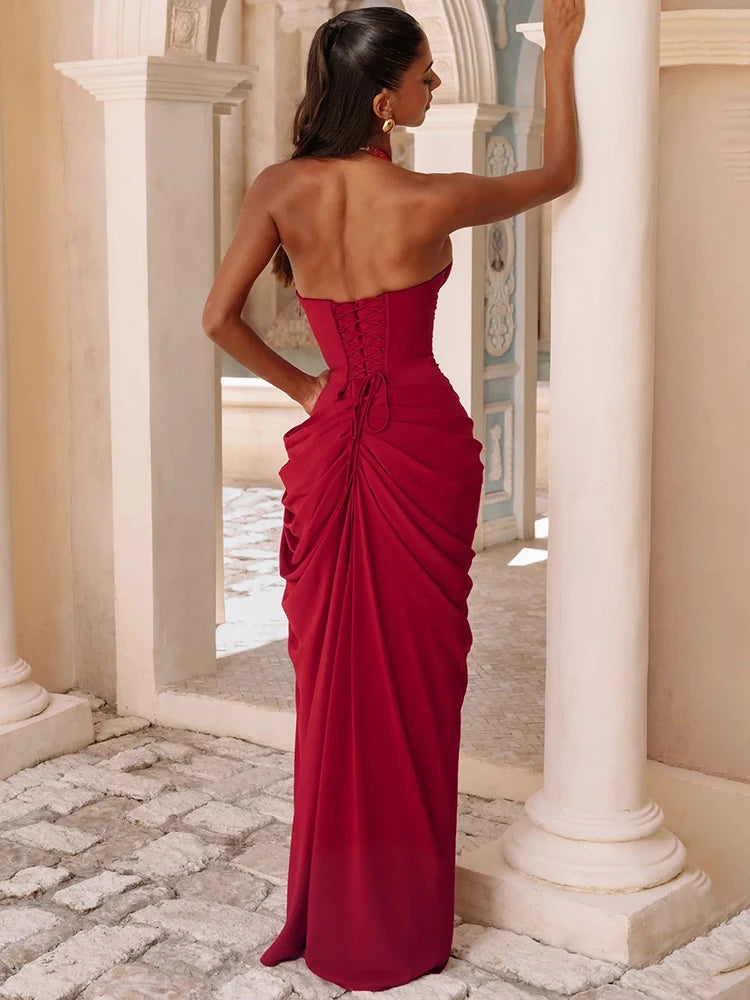 Wine Red Halter Deep V Maxi Dress Women Elegant Draped Ruched High Split Bodycon Cocktail Wedding Club Party Dresses