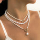 Vintage Imitation-Pearl Heart OT Buckle Pendant Necklace Women Wedding Bridal Bead Chain Neck Accessories Jewelry New