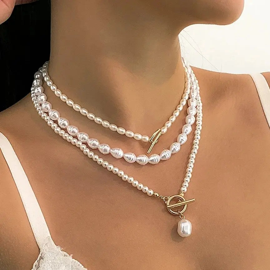 Vintage Imitation-Pearl Heart OT Buckle Pendant Necklace Women Wedding Bridal Bead Chain Neck Accessories Jewelry New