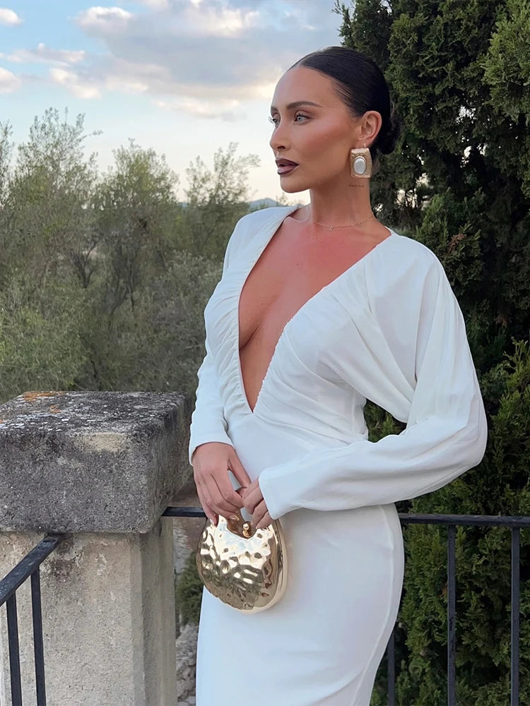 Deep V-Neck Maxi Dress Women Y2K Elastic Long Sleeve Elegant Ruched Stretchy Skinny Cocktail Birthday Party Vestidos