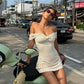 Sexy  Fashion Polka Dot Print Dress Women Slash Neck Ruched Patchwork Sleeveless Summer Street Party Chic Mini Bodycon