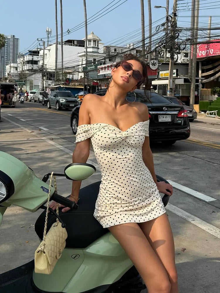 Sexy  Fashion Polka Dot Print Dress Women Slash Neck Ruched Patchwork Sleeveless Summer Street Party Chic Mini Bodycon