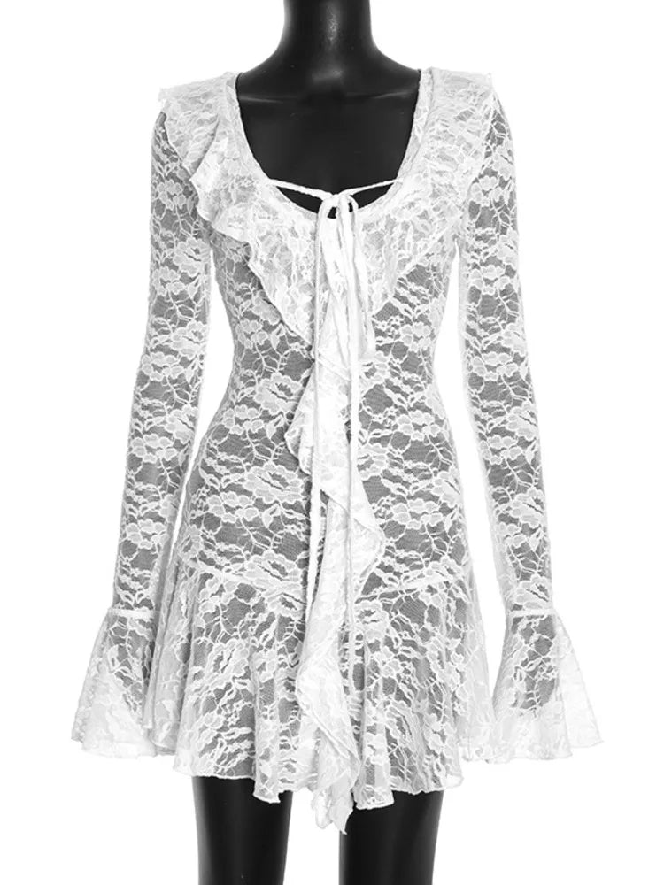 Women Lace Mini Dress Long Flare Sleeve Ruffle V Neck Tie‑Up Sheer Mesh See‑Through Short Party Beach Dress For Women