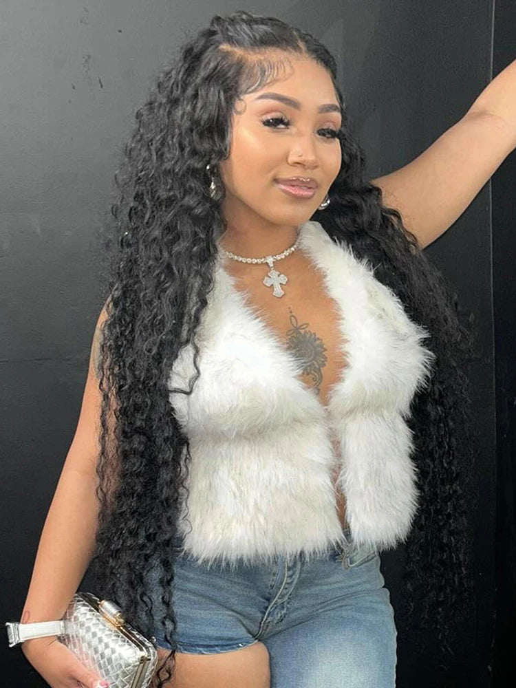 Halter Furry Tank Tops Women Sexy Backless Bandage Y2K Summer Trend Midnight Party Clubwear Hipster Wild Basic Vest