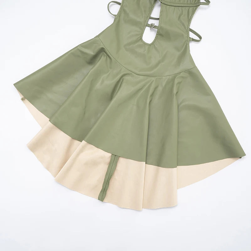 Fashion Heart Metal Trim Faux Leather Mini Dress Woman Lace-Up Halter Deep V-Neck Backless Hot Girls Street Sexy Bodycon