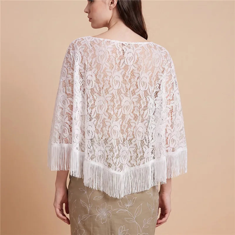 Women Beach Lace Fringe Poncho Cover Up Sheer Floral Tassel Shawl Boho Loose Batwing Sleeve Top Vacation Party Outerwear