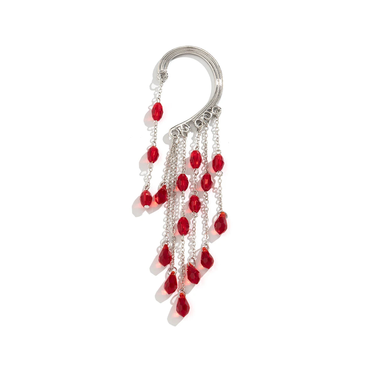 1PC Long Tassel Red Crystal Clip Earring for Women Wedding Bridal Elf No Piercing Fake Cartilage Ear Bone Clips Jewelry