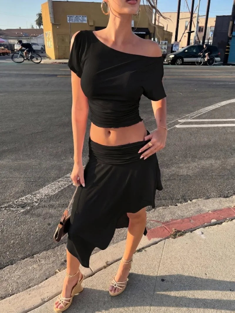 Pink 2 Piece Set Off Shoulder Top and Asymmetrical Midi Skirt Set Vacation Outfits Woman 2026