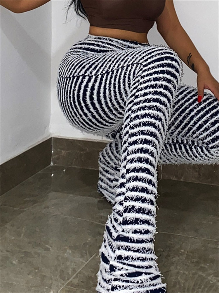 Striped Fluffy Stacked Pants High Waist Trend Causal Sporty Leggings Skinny Elastic Wild Streetwear Shaggy Trouser