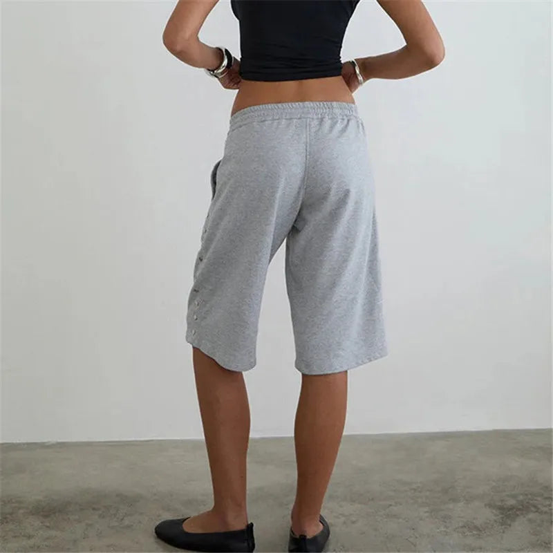 Women's Knee Length Sweat Shorts with Side Snap Buttons Drawstring Waist Casual Loose Fit Summer Y2K Streetwear