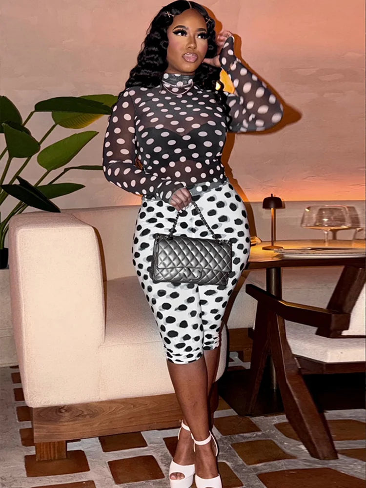Polka Dot Print 2-Piece Set Women Turtleneck See Through Full Sleeve Crop Tops+Simple Color Blocking Short Streetwear
