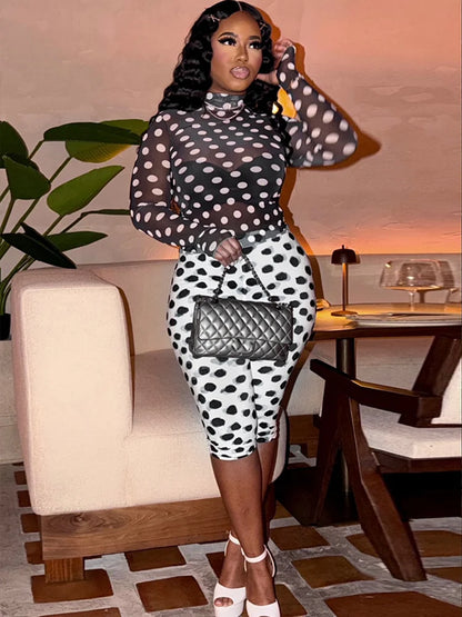 Polka Dot Print 2-Piece Set Women Turtleneck See Through Full Sleeve Crop Tops+Simple Color Blocking Short Streetwear