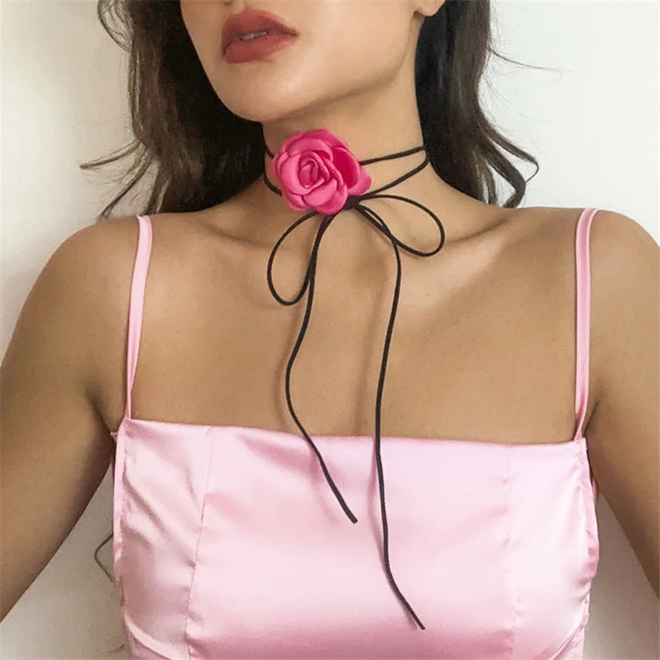 Exaggerated Romantic Big Rose Flower Clavicle Chain Necklace Women Kpop Adjustable Bowknot Rope Choker Jewelry Y2K Accessories