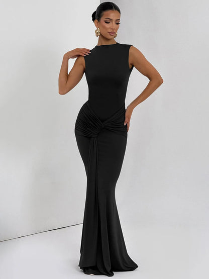 Backless Draped Ruched Sexy Maxi Dress Women Gown Elegant O Neck Sleeveless High Waist Skinny Club Party Long Dresses