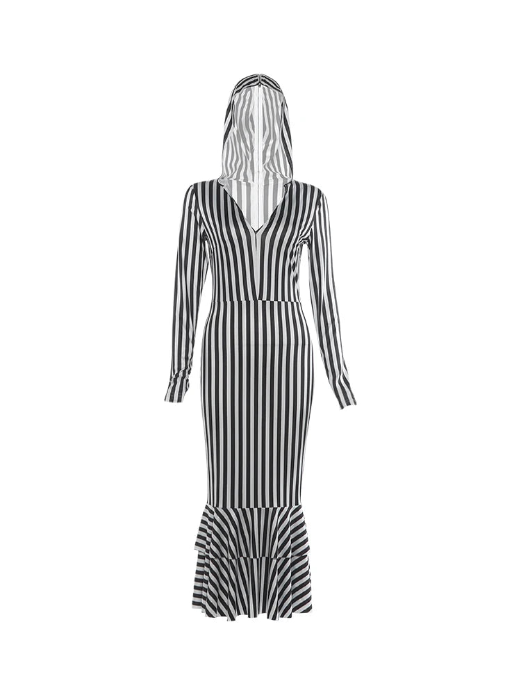Sleeveless Fashion Stripes Dress Women Sexy Hooded Ruffled Hem Patchwork Full Chic Elegant Evening Party Club Bodycon