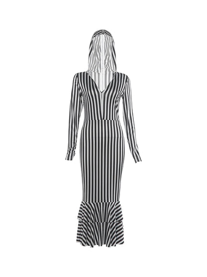 Sleeveless Fashion Stripes Dress Women Sexy Hooded Ruffled Hem Patchwork Full Chic Elegant Evening Party Club Bodycon