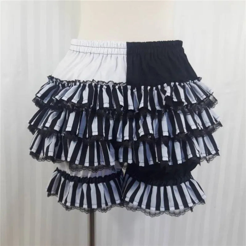 Lolita Women Bloomers Shorts Color Block Patchwork Ruffle Lace Elastic Waist Pumpkin Pantalettes Sweet Cosplay Bottoms