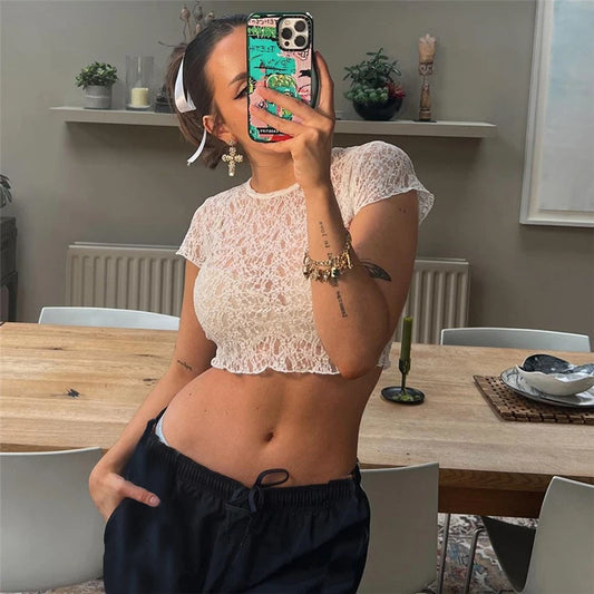 Fairycore Y2k Mesh Lace Baby Tee Woman White Short Sleeve Crop Tops Coquette Summer T Shirt Translucent