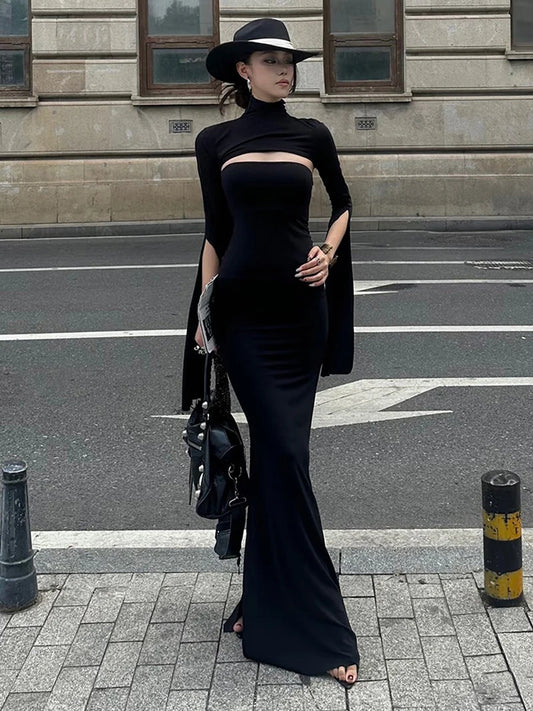 Fashion Chic 2-Piece Set Women Strapless Split Maxi Dress+Super Short Half-Sleeve Turtleneck Top Matching Elegant Outfits