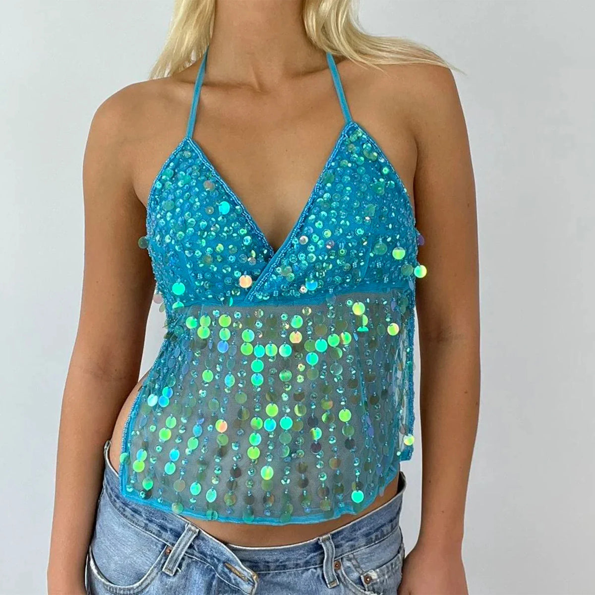 Women Sequin Halter Top Sexy Sleeveless Deep V Neck Glitter Tank Top Sparkle Backless Crop Top Summer Streetwear