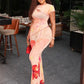 Stylish Floral Print 2-Piece Set Women O-Neck Irregular Hollow Ruffle Split Hem Top+Flare Pants Elegant Vacation Suit