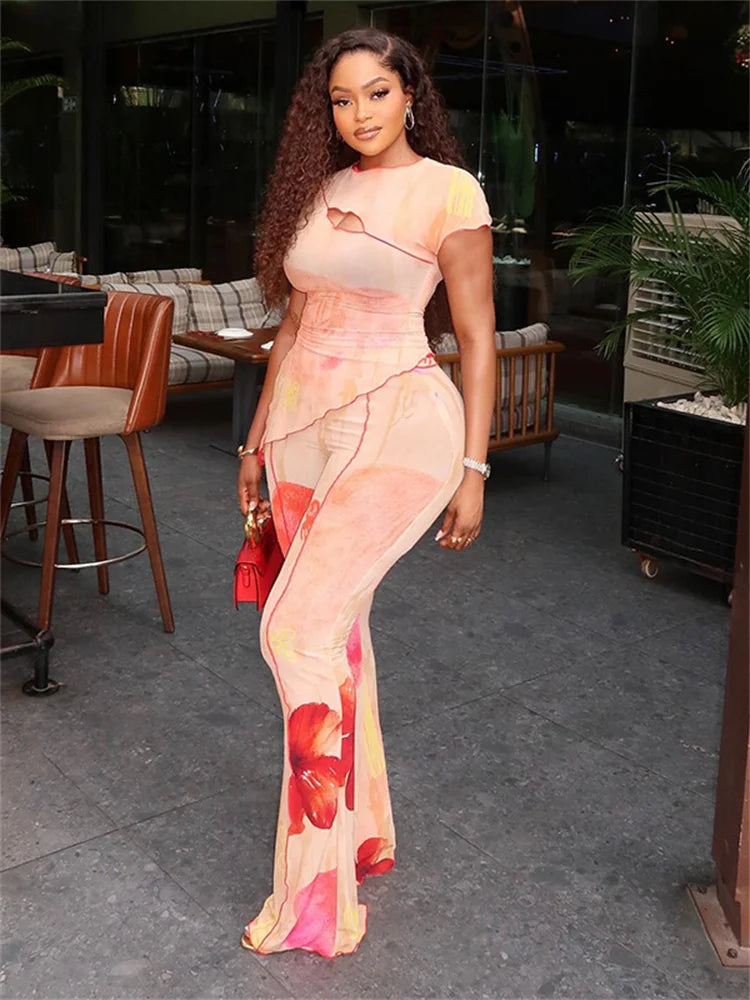 Stylish Floral Print 2-Piece Set Women O-Neck Irregular Hollow Ruffle Split Hem Top+Flare Pants Elegant Vacation Suit